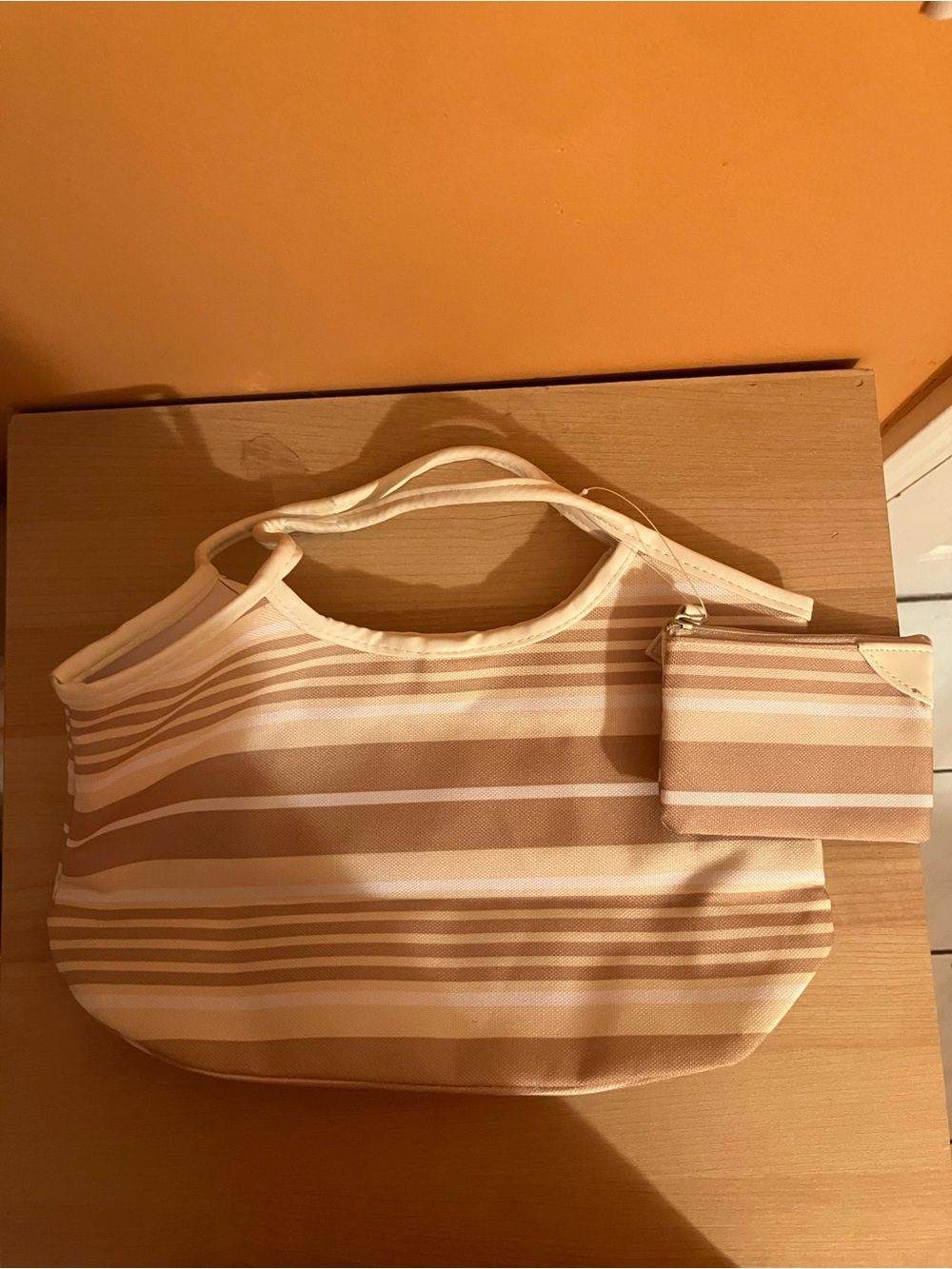 Striped Cream and Tan Tote Bag with Matching Pouch